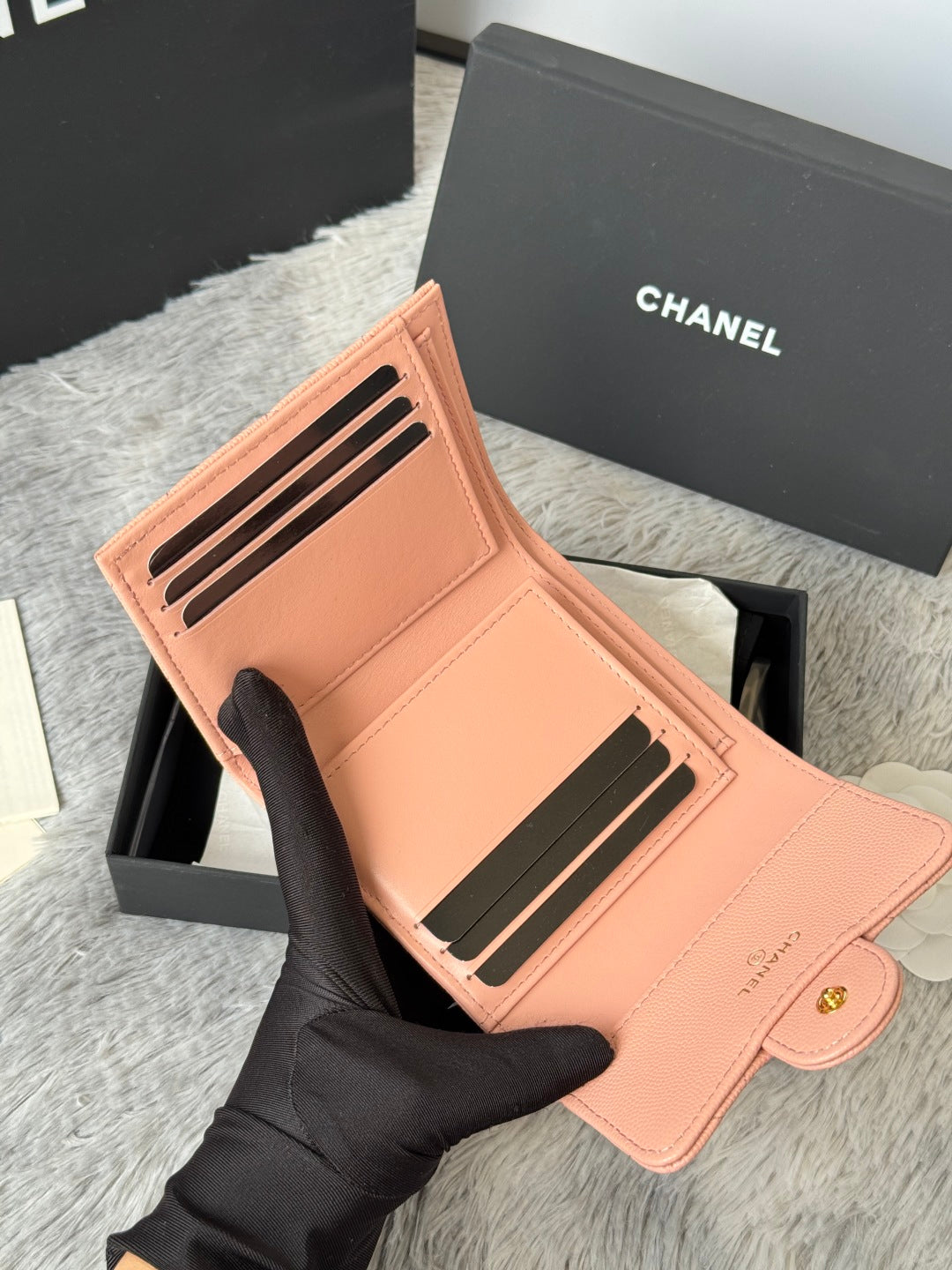 Chanel 25S Cf Small Tri Fold Wallet 11 in Peach Pink Caviar Gold Hardware