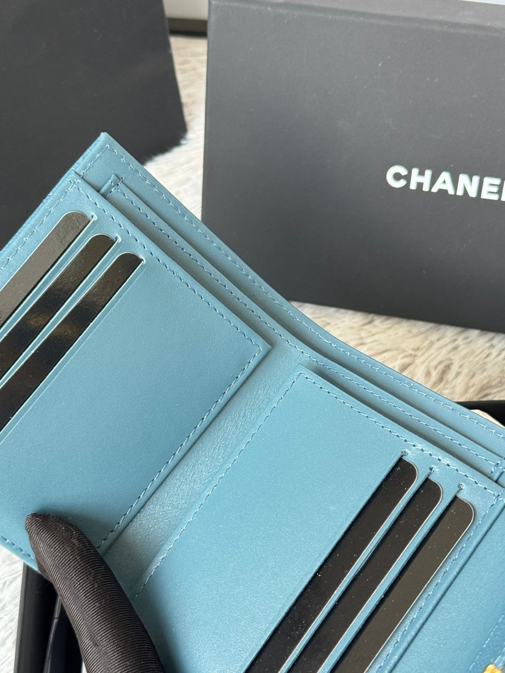 Chanel 25S Cf Small Tri Fold Wallet 11 in Slate Blue Caviar Gold Hardware