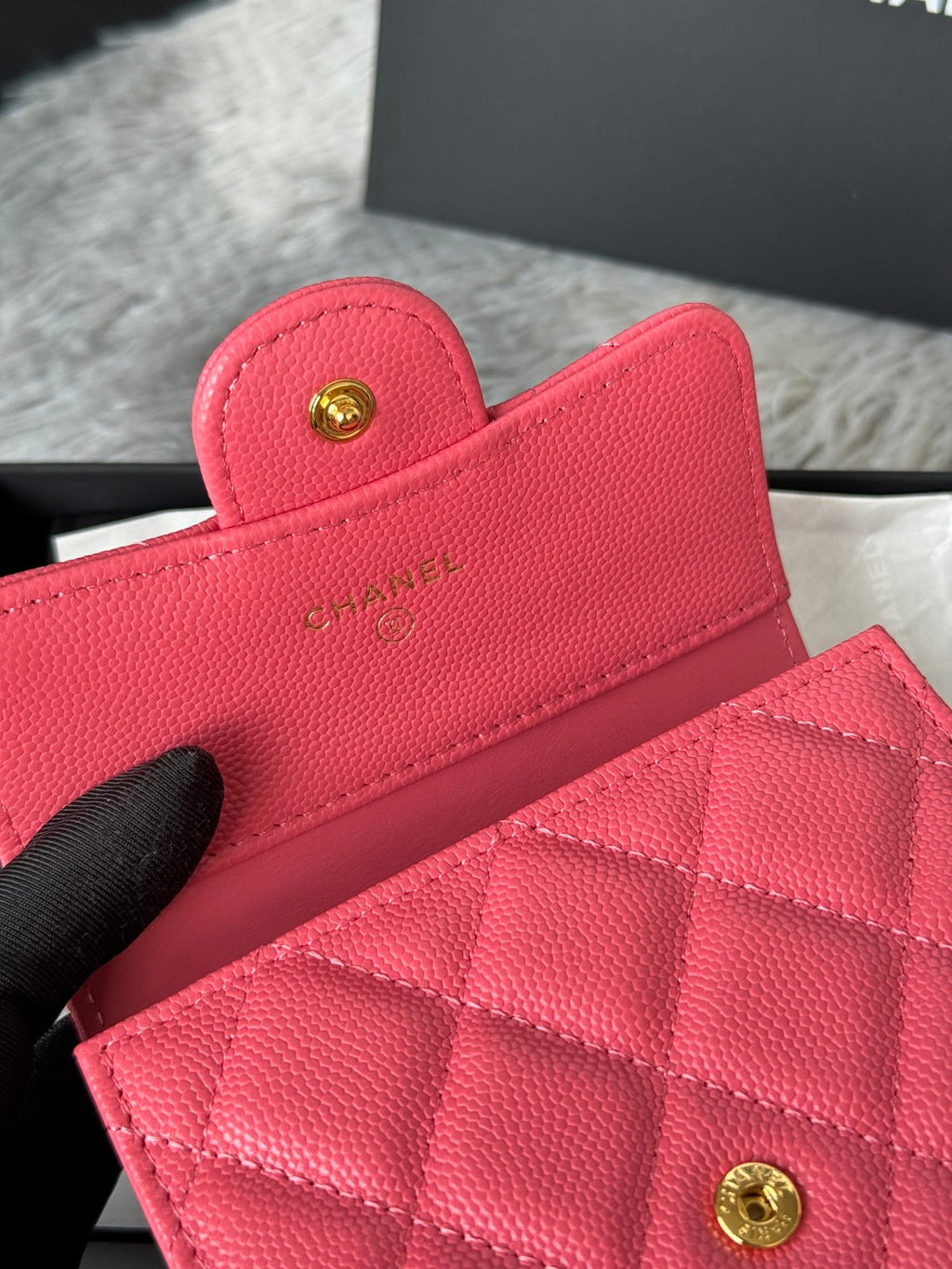 Chanel 25S Cf Small Tri Fold Wallet 11 in Watermelon Caviar Gold Hardware