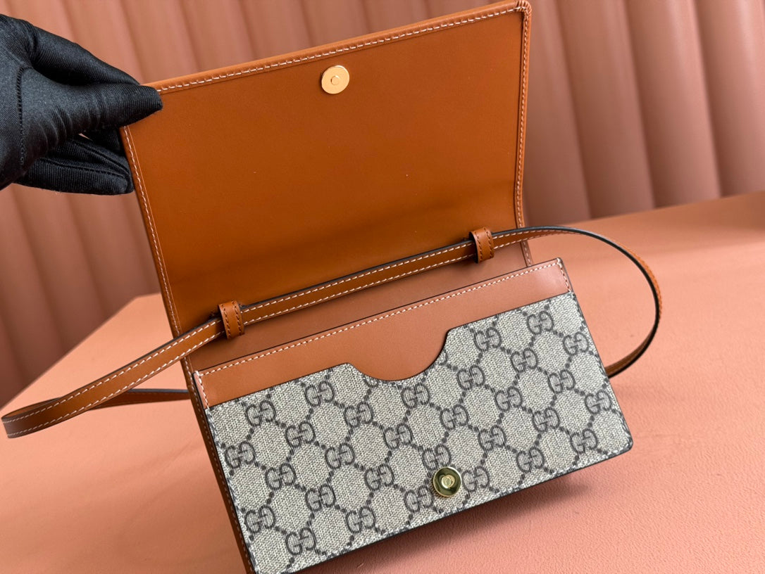 Gucci Emblem Wallet Monogram 20 in Beige and Dark Brown Calfskin