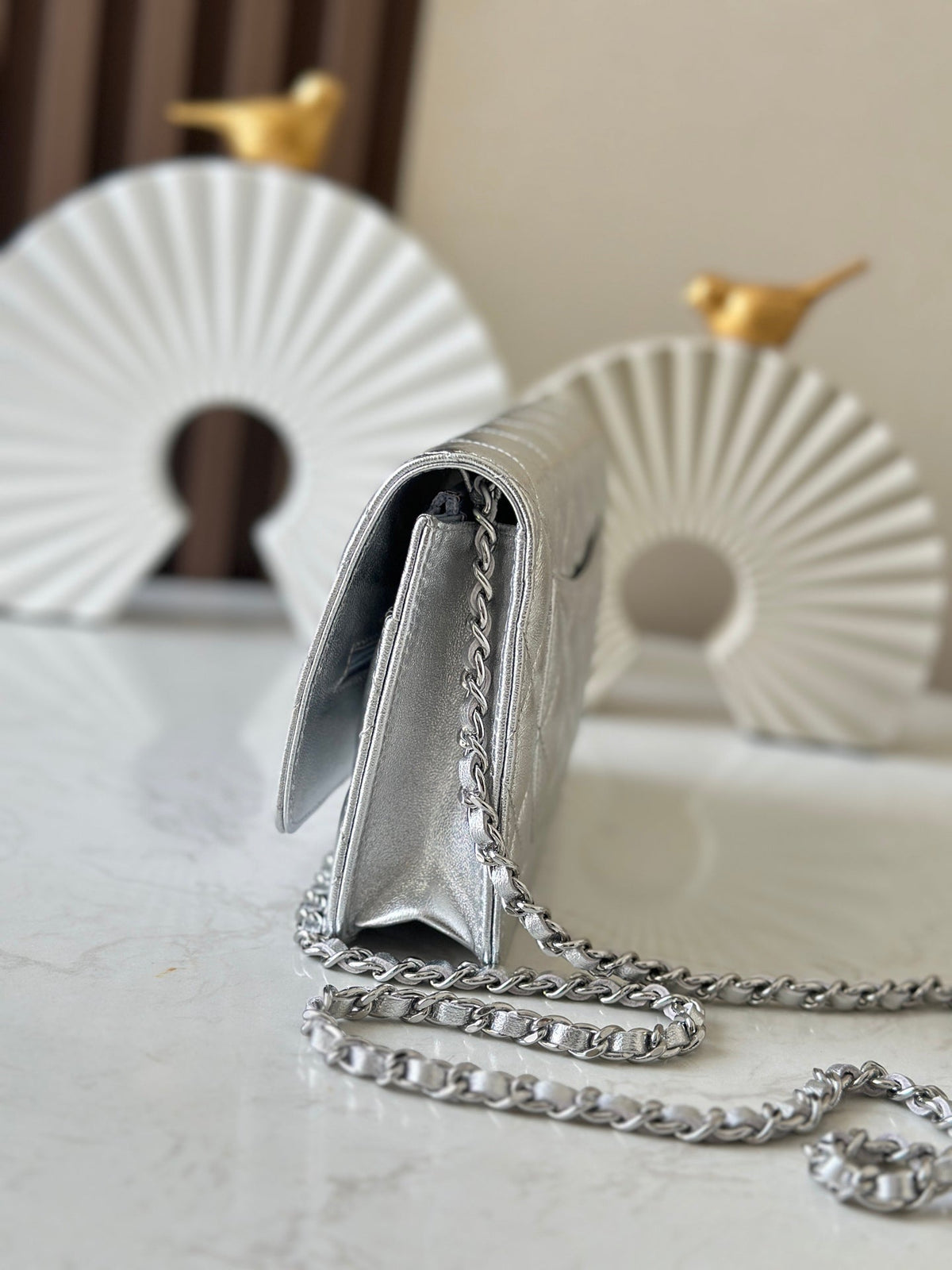 Chanel 25S Wallet On Chain 19 in Silver Lambskin
