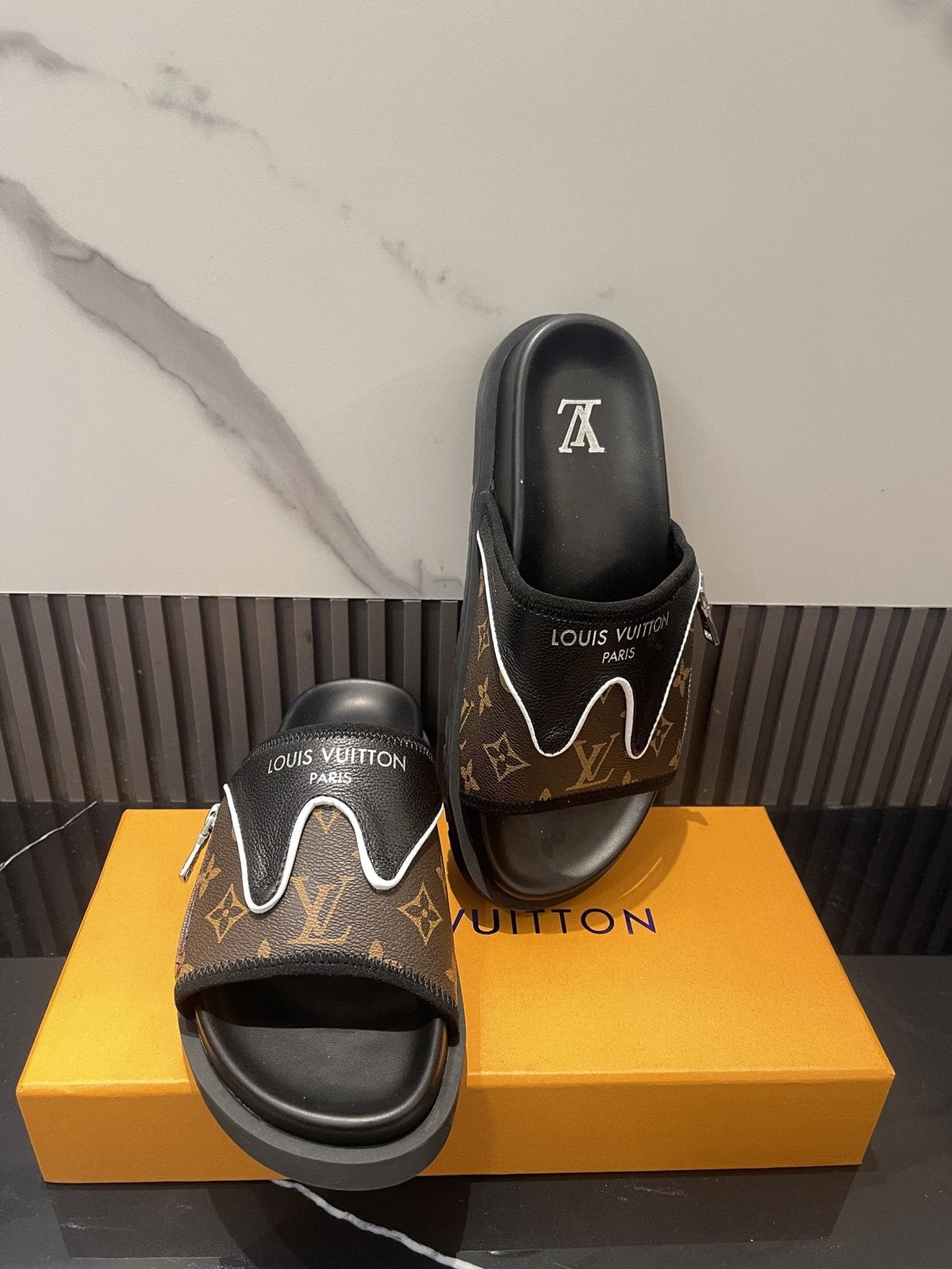 Louis Vuitton Brown Monogram Slide Sandals — front