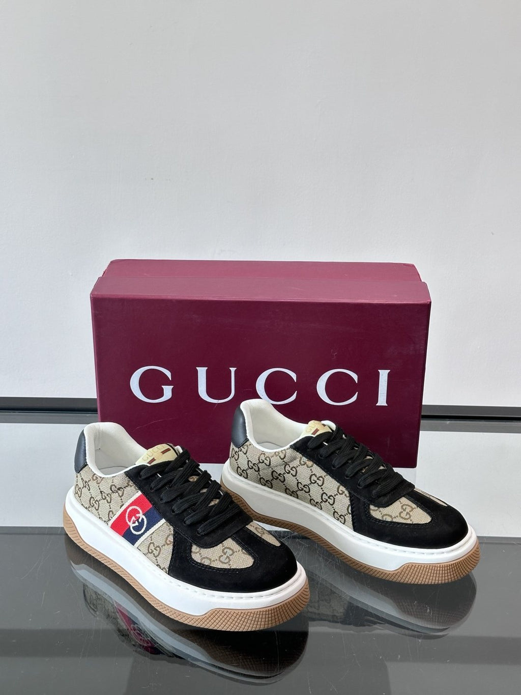 Gucci Black Beige Web Stripe Sneakers — front