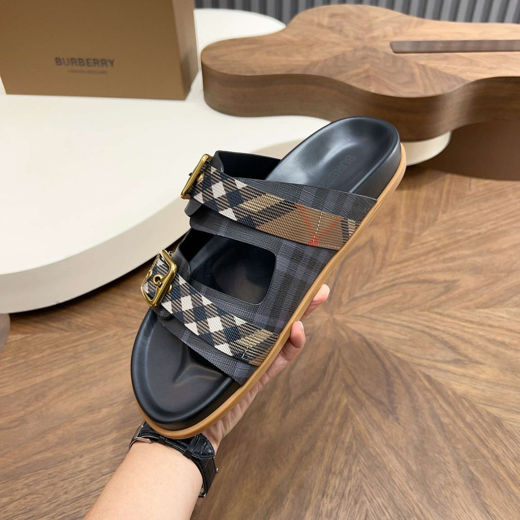 Burberry Black Plaid Two-Strap Slide Sandals — model