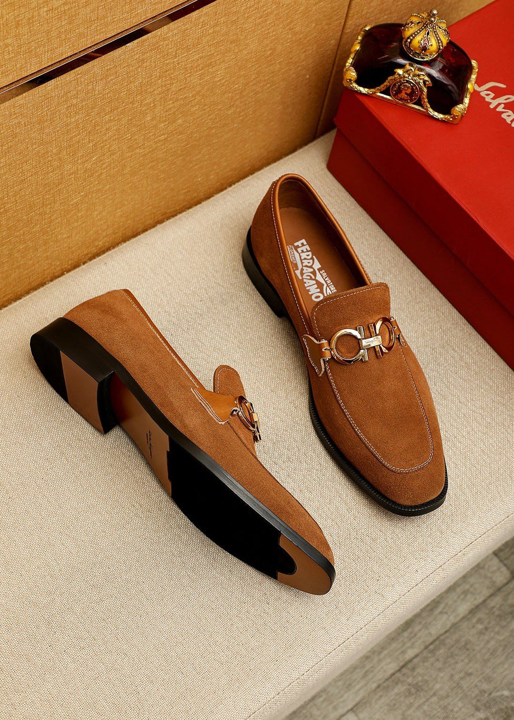 Ferragamo Brown Metal Hardware Loafers — side