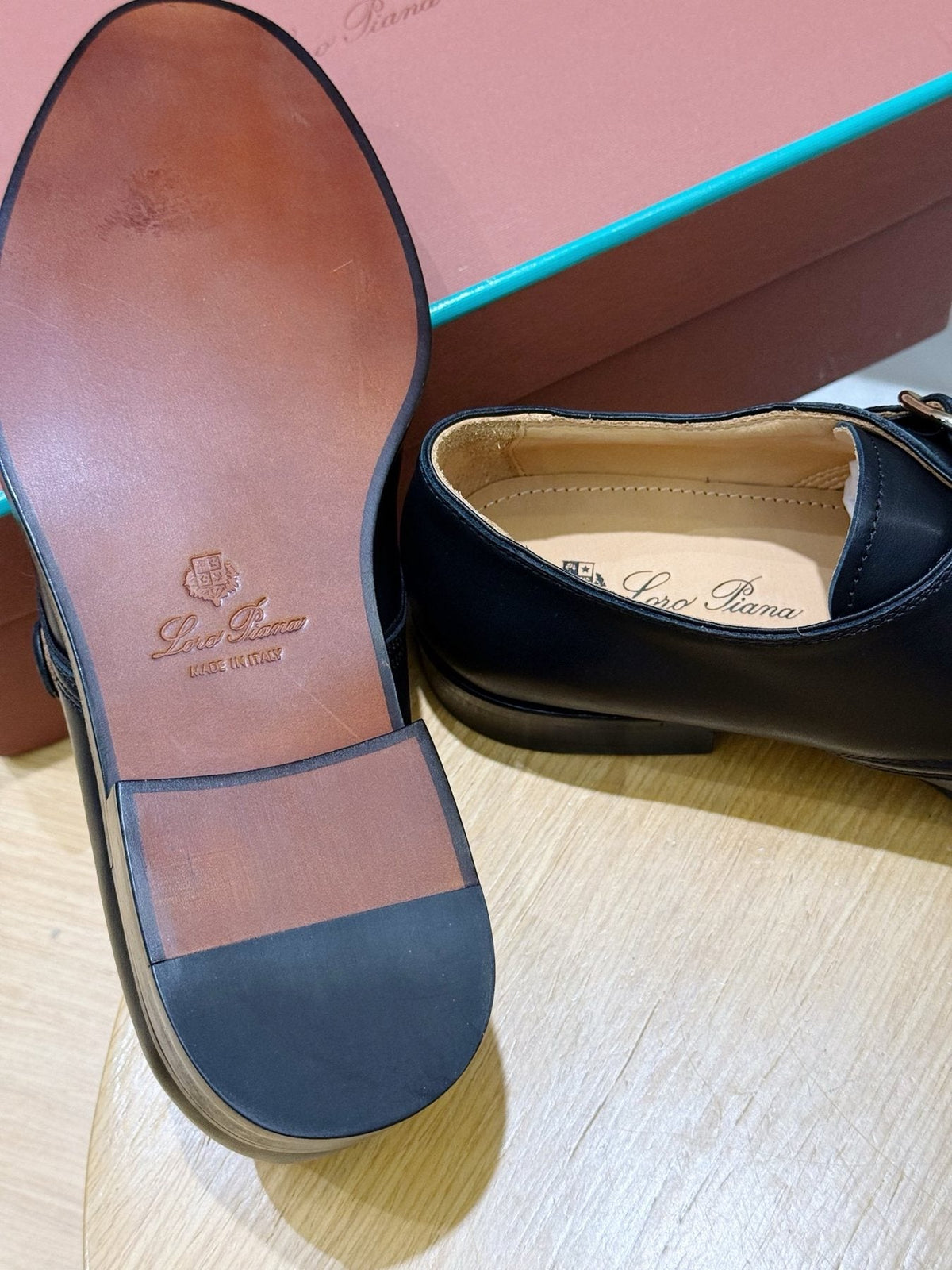 Loro Piana Black Buckle Loafers — label