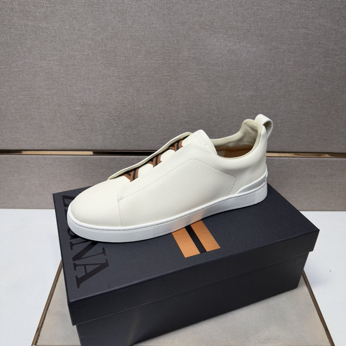 Zegna Cream Brown Lace Low-Top Sneakers — front