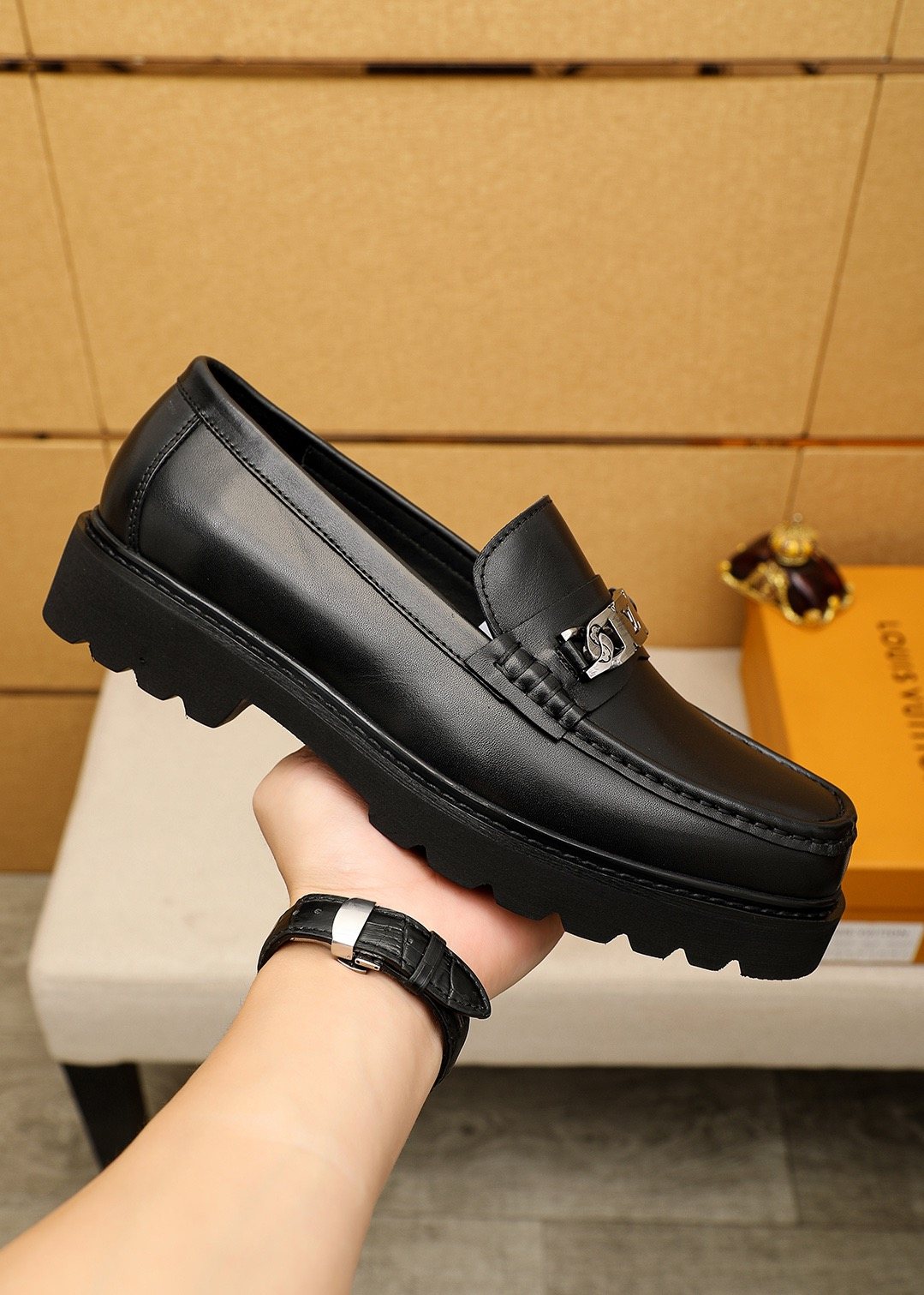 Louis Vuitton Black Metal-Bit Loafers — side