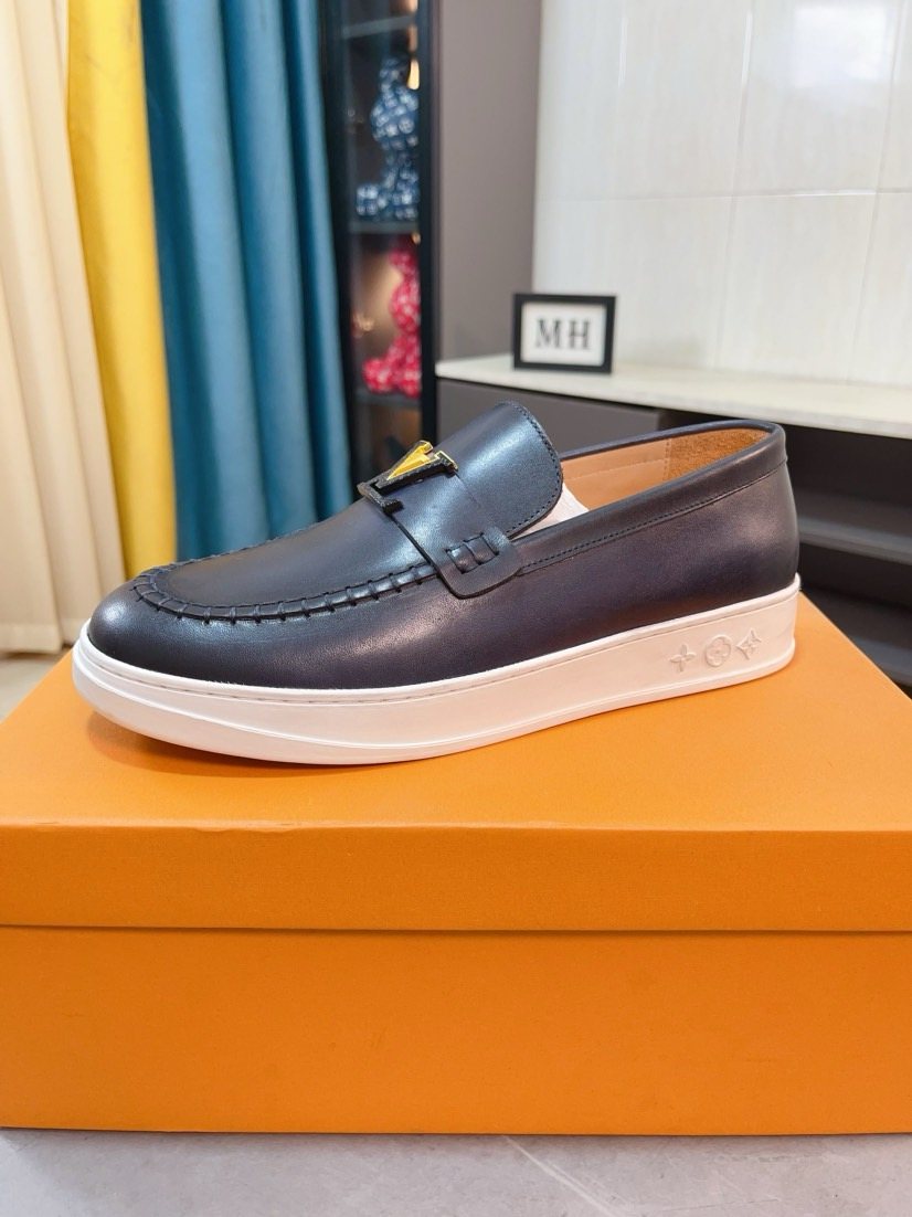Louis Vuitton Black Leather Slip-On Loafers — front