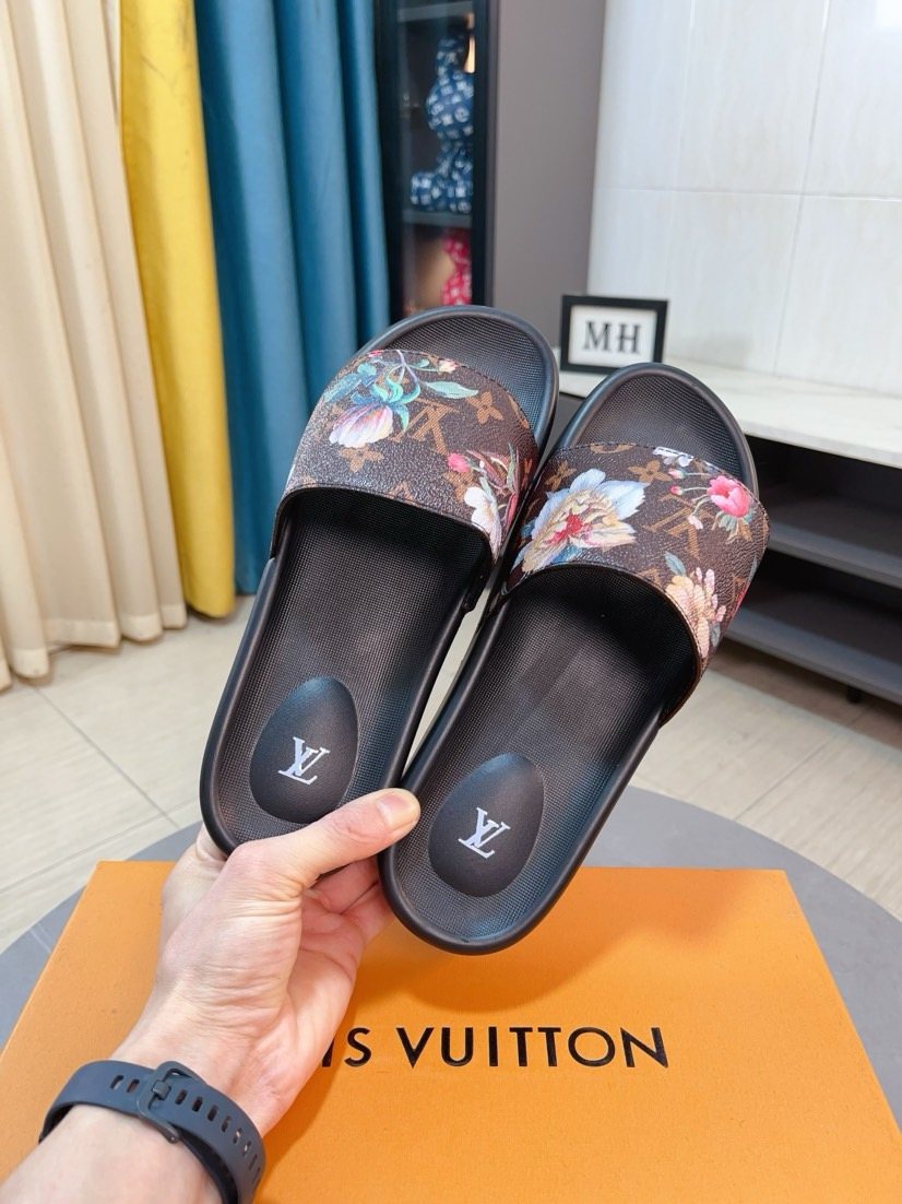Louis Vuitton Brown Floral Print Slide Sandals — hero