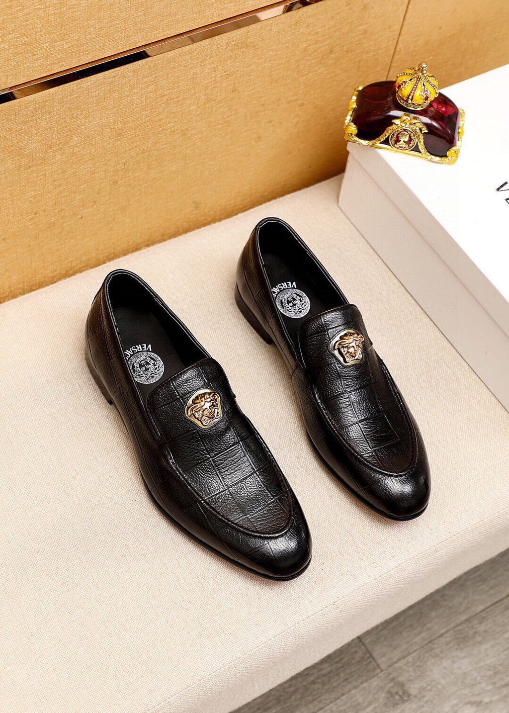 Versace Black Embossed Hardware Loafers — front