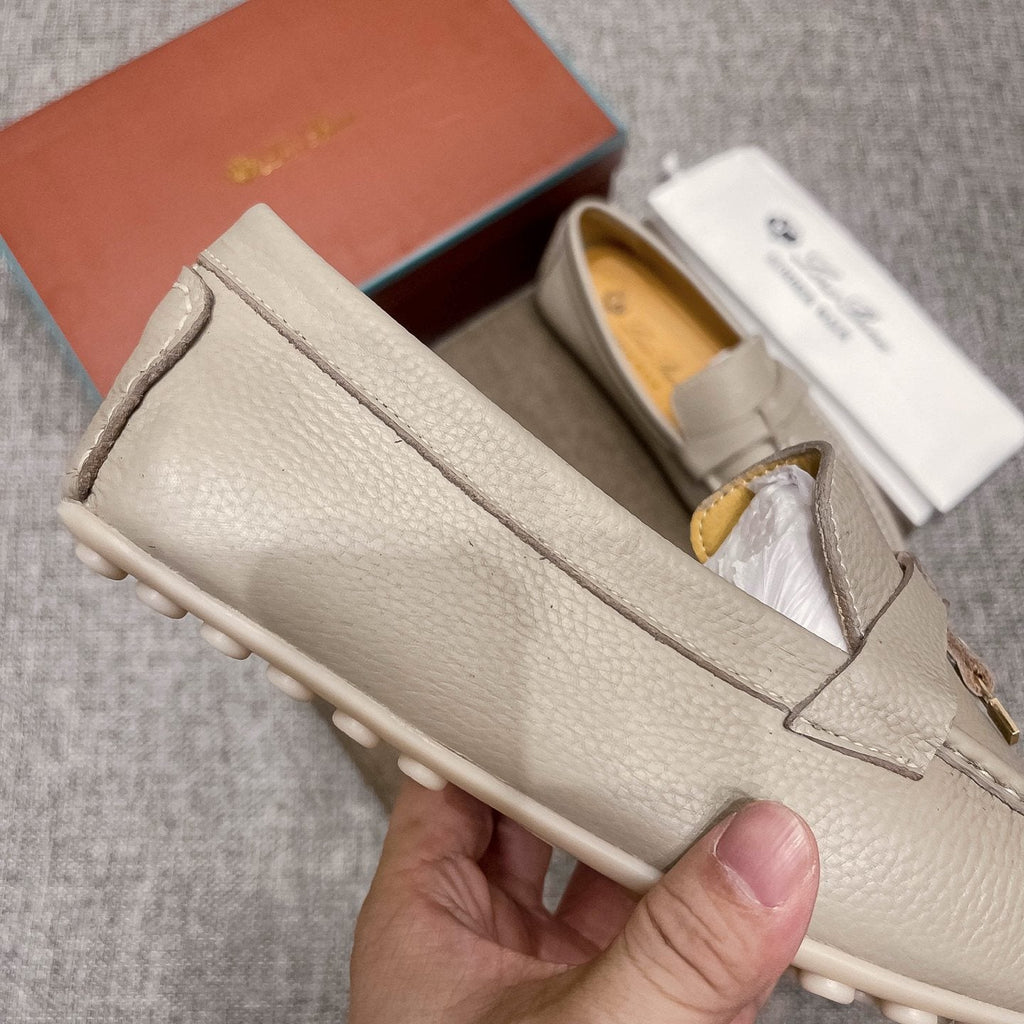 Loro Piana Light Gray Metal-Accent Driving Loafers — detail