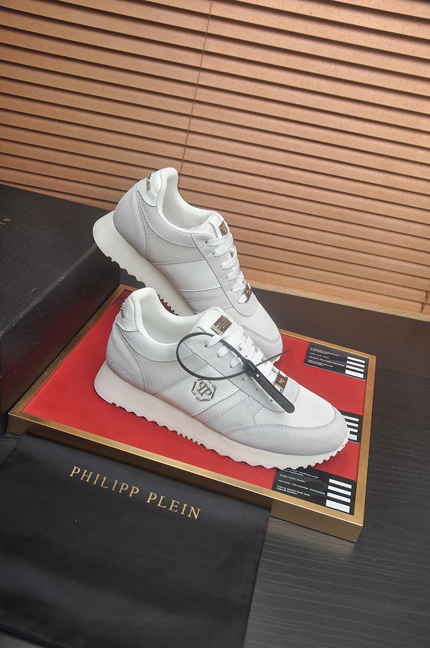 Philipp Plein White and Light-Gray Low-Top Sneakers — front