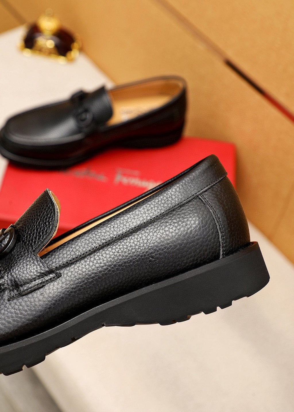 Ferragamo Pebble-Grain Buckle Slip-On Shoes — back