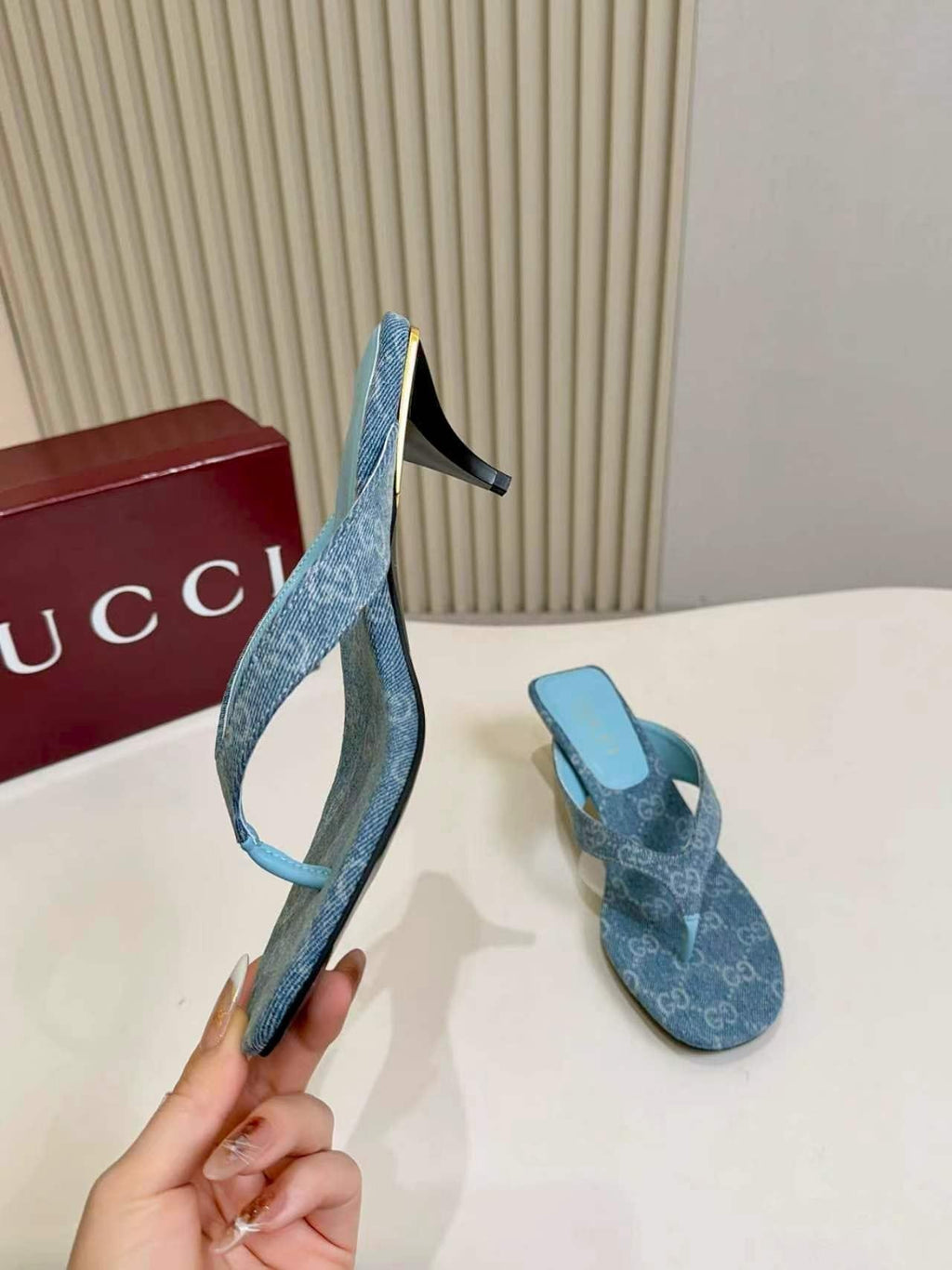 Gucci Monogram Thong Heel Sandals — side