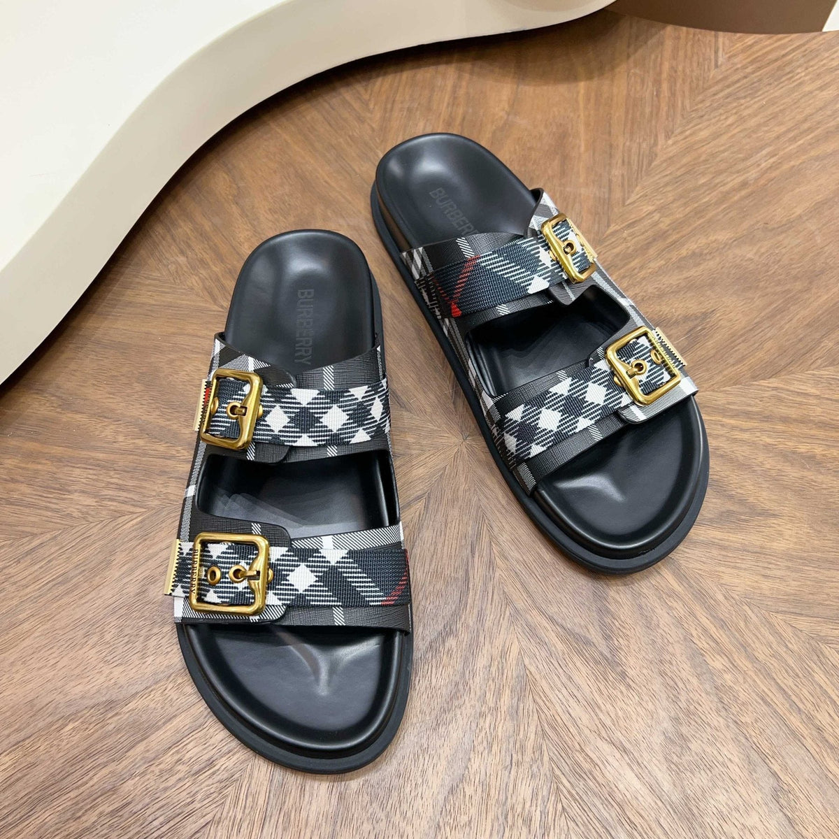 Burberry Plaid Buckle Slide Sandals — front