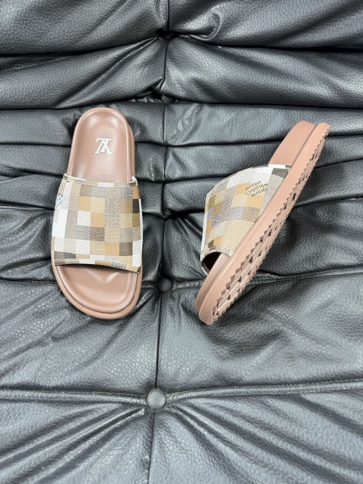 Louis Vuitton Slate Blue Checkered Slide Sandals — side