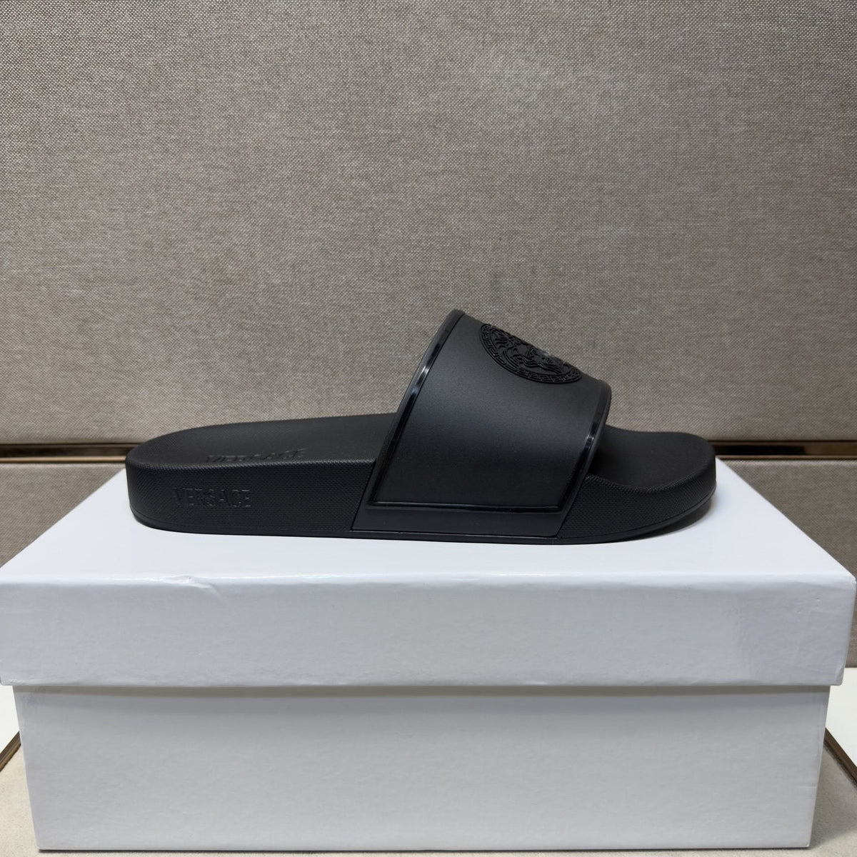 Versace Embossed Strap Slide Sandals — side