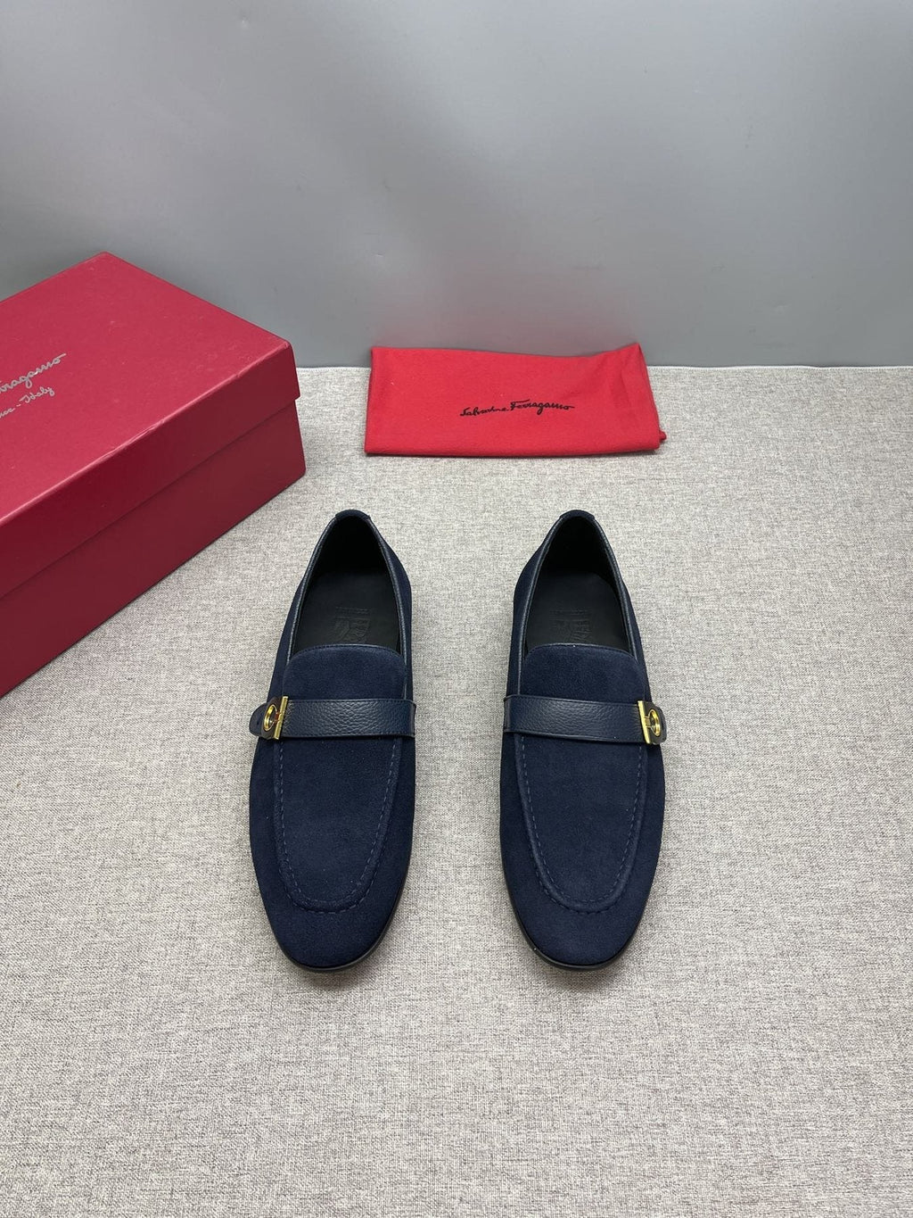Ferragamo Navy Buckle Loafers — front