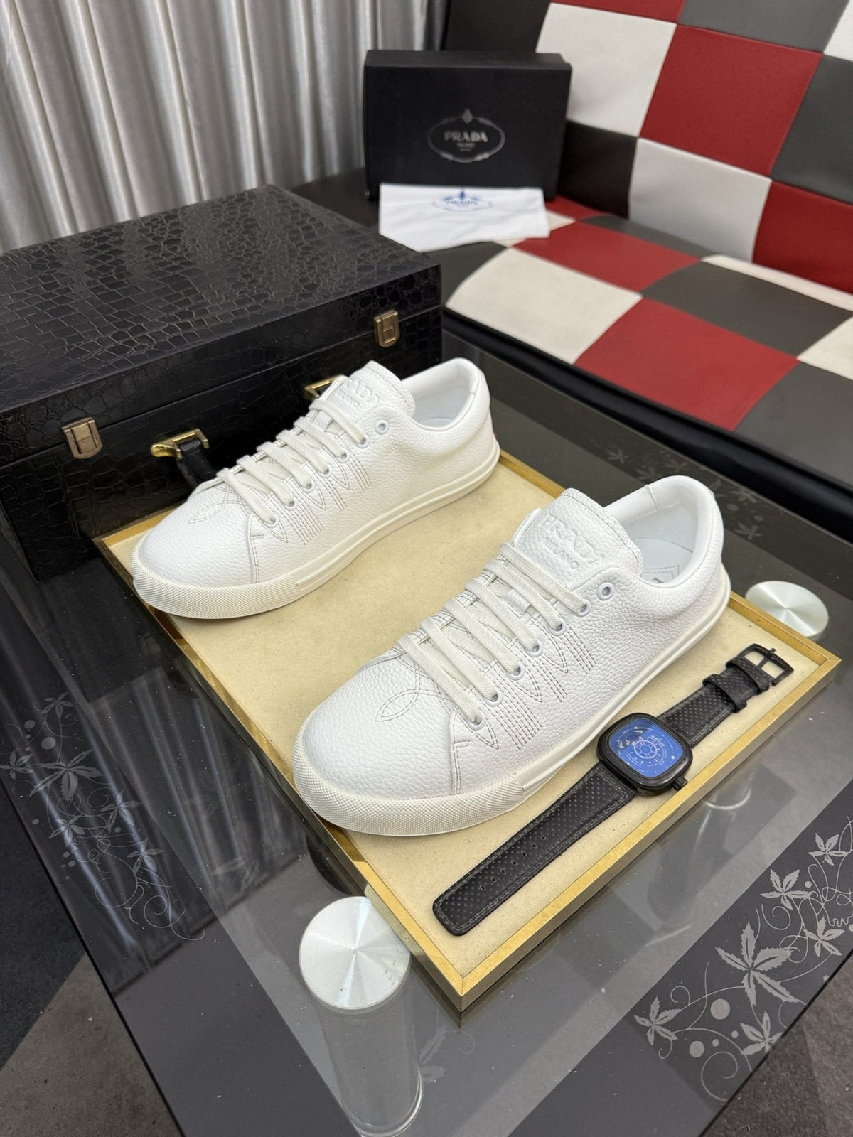 Prada Men's Textured Leather Low-Top Sneakers — front