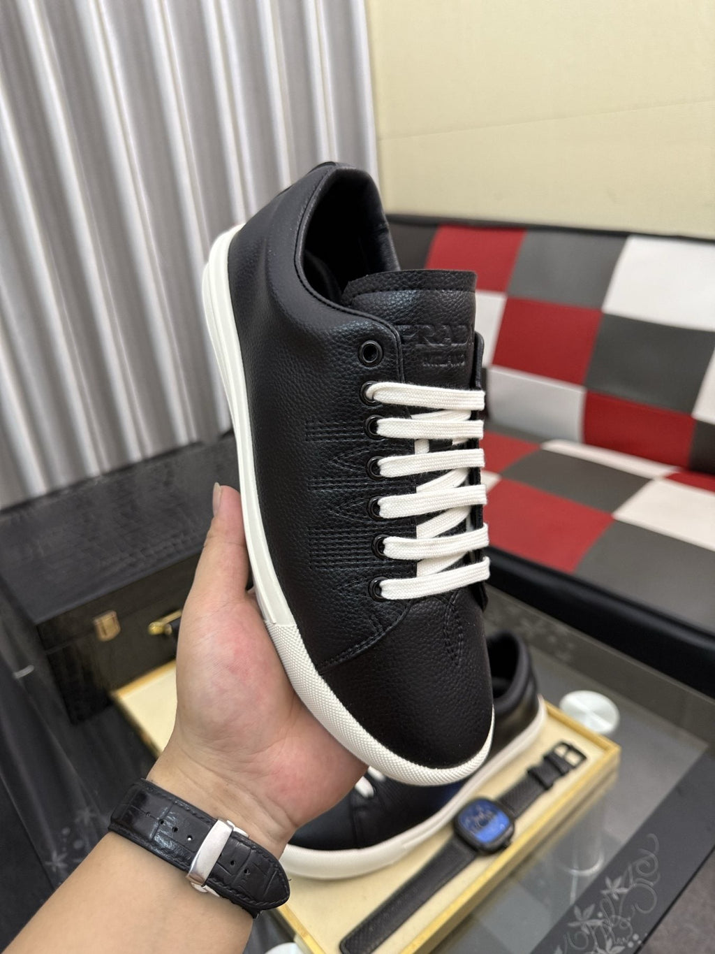 Prada Men's Textured Leather Low-Top Sneakers — side
